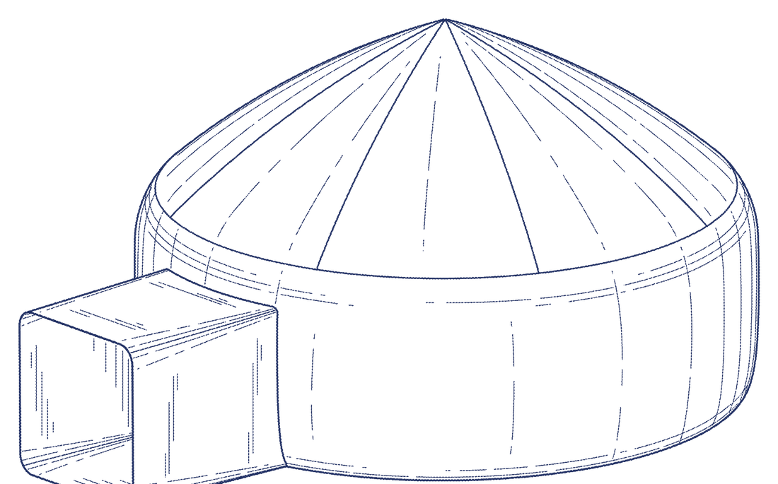 Design patent line drawing: perspective view of a round play fort with a pointed, paneled top and a square fan sleeve.