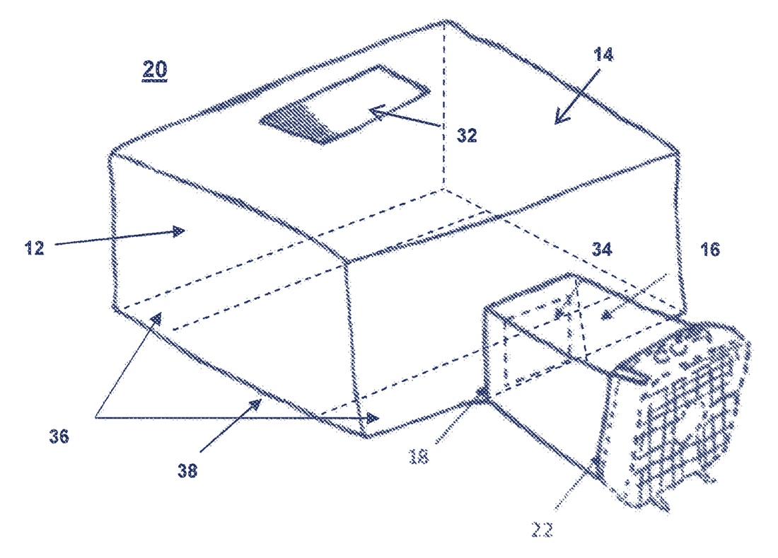 Patent line drawing: a rectangular hovering air fort with a top window and a fan attached through a shroud on one side.