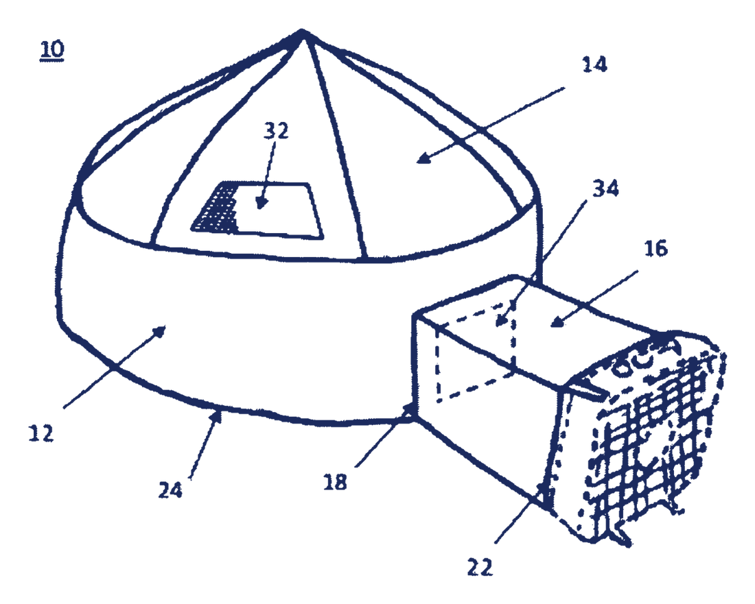 Patent line drawing: a dome-shaped hovering air fort with a mesh window on top, a weighted hem along its bottom edge, and a fabric shroud connecting it to a box fan.