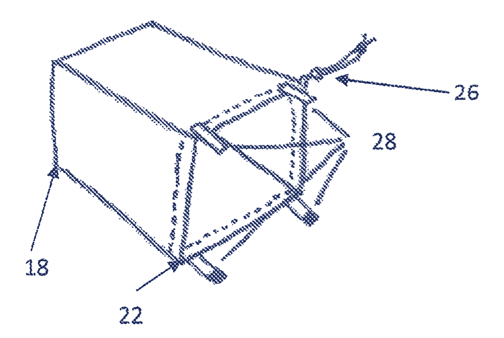 Patent line drawing: the fabric fan shroud, a rectangular sleeve with a cinch cord and straps that secure it around a box fan.